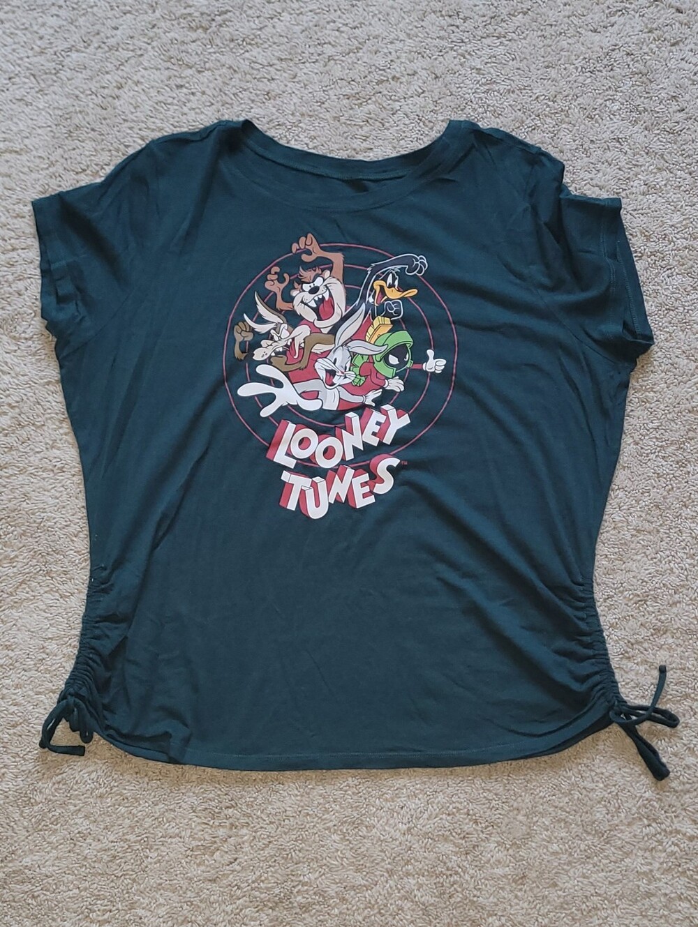 Looney Tunes Dark Green Graphic Tee, Round Neck, Size 1x T-shirt, Cinch Sides